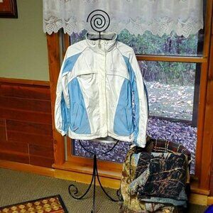 Quest‎ Womens Medium White Blue Colorblock Full Zip Nylon Windbreaker Jacket